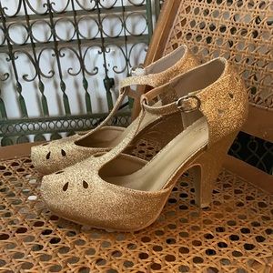 Graham Street Shoe Co. T-Strap Gold Glitter Heels